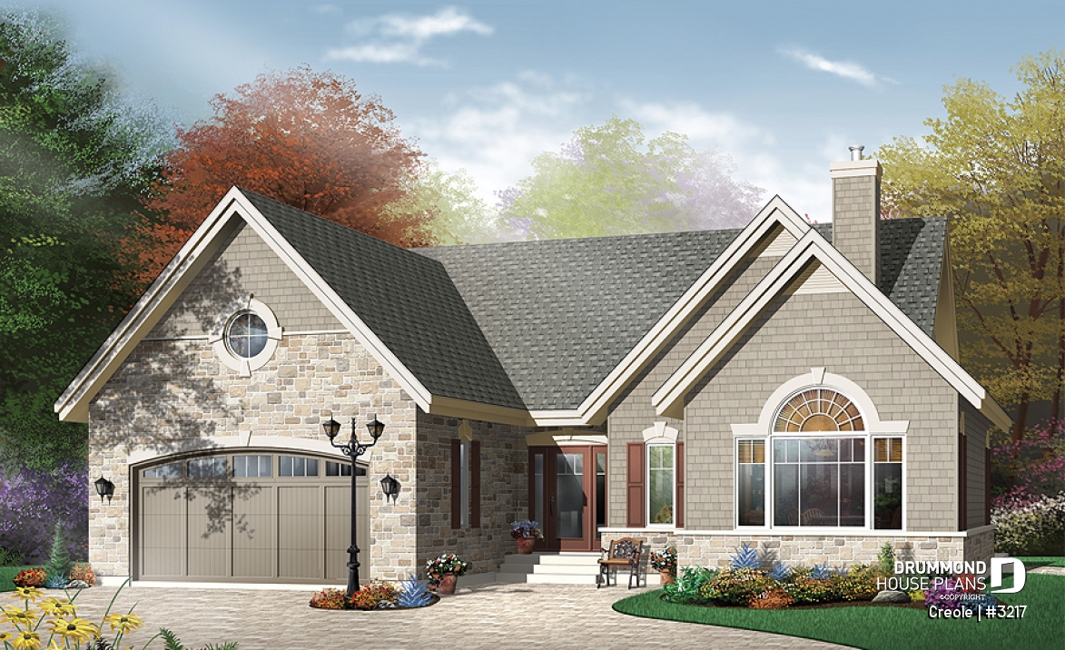 front - BASE MODEL - 2 bedroom bungalow house plan with 2-car garage, cathedral ceiling &amp; breafast nook - Creole