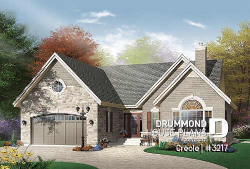 front - BASE MODEL - 2 bedroom bungalow house plan with 2-car garage, cathedral ceiling & breafast nook - Creole