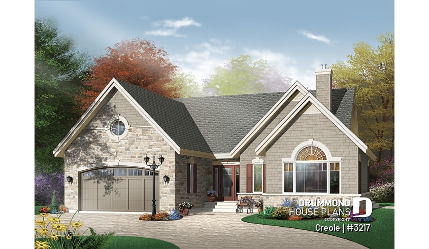 front - BASE MODEL - 2 bedroom bungalow house plan with 2-car garage, cathedral ceiling & breafast nook - Creole