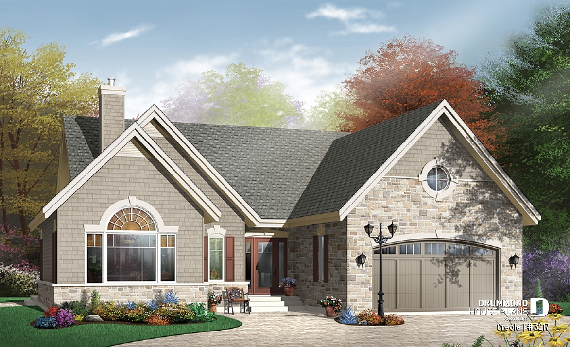front - BASE MODEL - 2 bedroom bungalow house plan with 2-car garage, cathedral ceiling &amp; breafast nook - Creole