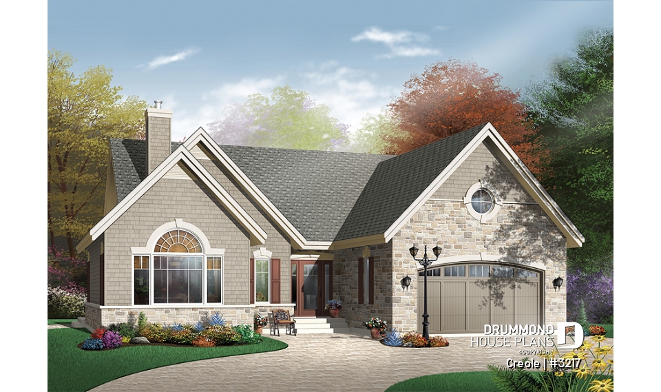 front - BASE MODEL - 2 bedroom bungalow house plan with 2-car garage, cathedral ceiling &amp; breafast nook - Creole