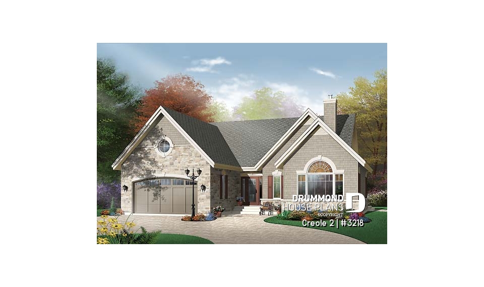 front - BASE MODEL - 3 bedroom rustic bungalow, storage area above the garage, vast kitchen - Creole 2