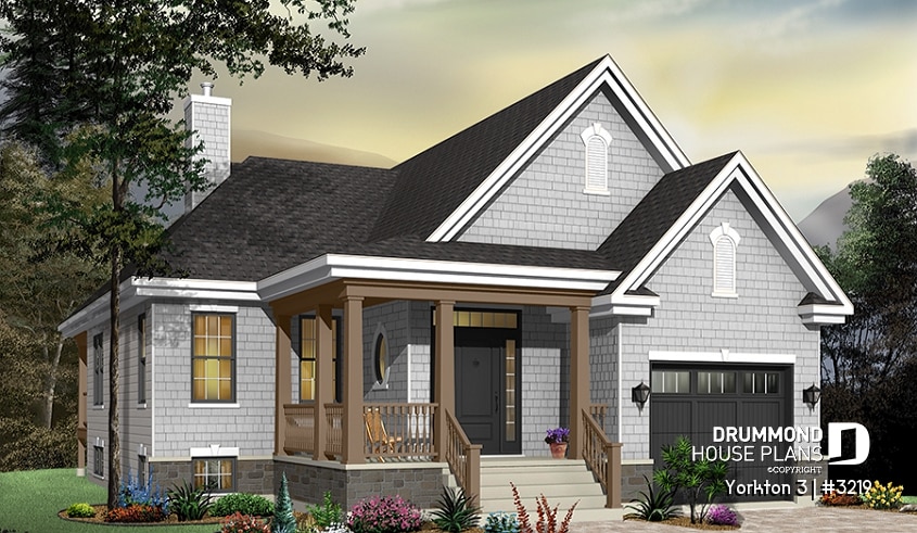 front - BASE MODEL - Small Transitional house design with garage, double sided fireplace, open floor concept, unfinished basement - Yorkton 3