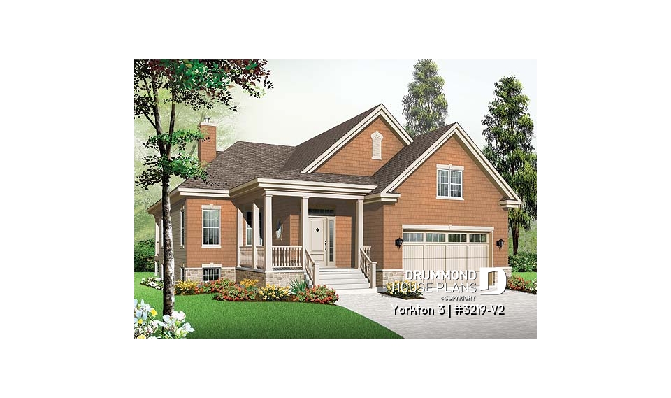 front - BASE MODEL - Single storey house plan with large master suite on main floor, open floor plan with fireplace, 2-car garage - Yorkton 3