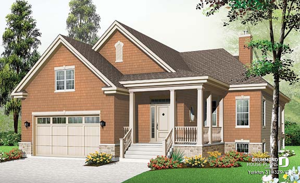 front - BASE MODEL - Single storey house plan with large master suite on main floor, open floor plan with fireplace, 2-car garage - Yorkton 3