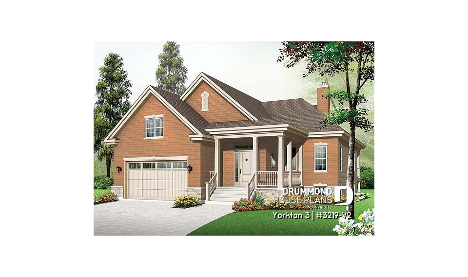 front - BASE MODEL - Single storey house plan with large master suite on main floor, open floor plan with fireplace, 2-car garage - Yorkton 3