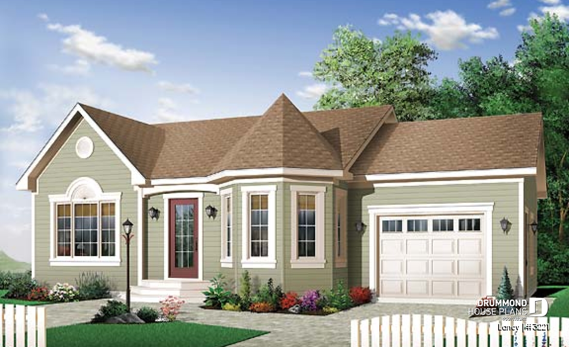 front - BASE MODEL - Budget friendly one-storey house plan with garage, 2 bedrooms, unfinished basement - Lancy