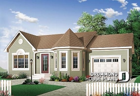 front - BASE MODEL - Budget friendly one-storey house plan with garage, 2 bedrooms, unfinished basement - Lancy