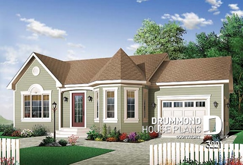 front - BASE MODEL - Budget friendly one-storey house plan with garage, 2 bedrooms, unfinished basement - Lancy