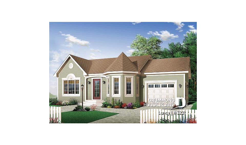 front - BASE MODEL - Budget friendly one-storey house plan with garage, 2 bedrooms, unfinished basement - Lancy