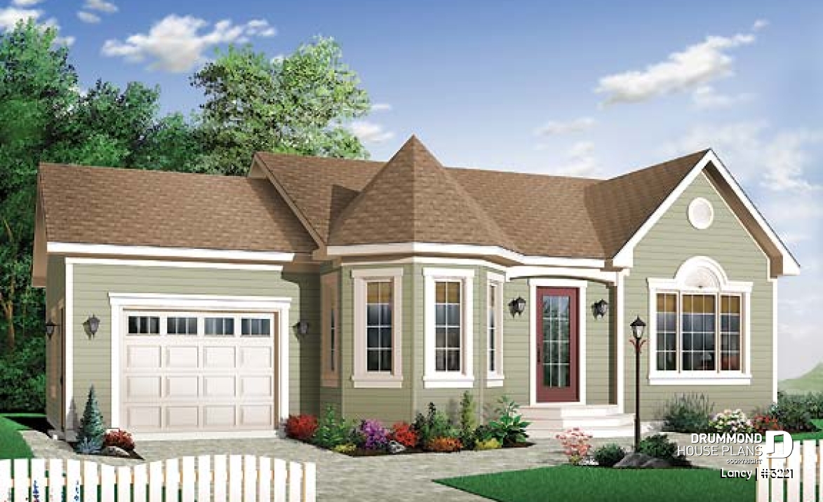 front - BASE MODEL - Budget friendly one-storey house plan with garage, 2 bedrooms, unfinished basement - Lancy