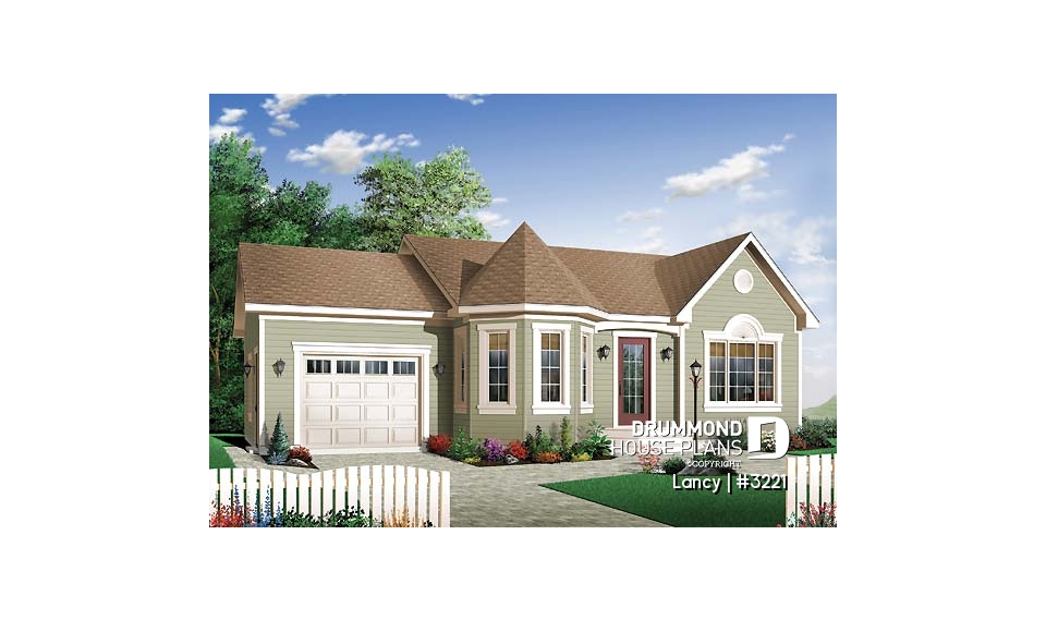 front - BASE MODEL - Budget friendly one-storey house plan with garage, 2 bedrooms, unfinished basement - Lancy