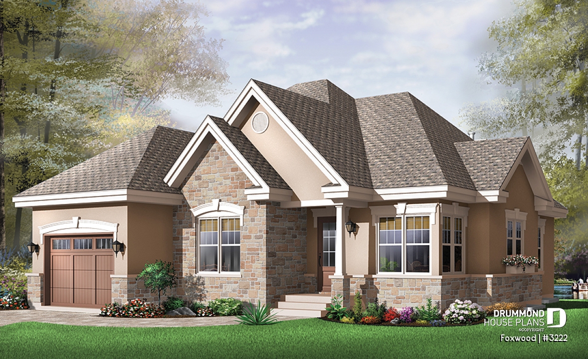 front - BASE MODEL - 2 bedroom bungalow house plan with garage and great fireplace in family room, breakfast nook - Foxwood