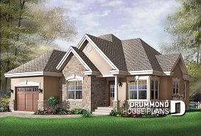 front - BASE MODEL - 2 bedroom bungalow house plan with garage and great fireplace in family room, breakfast nook - Foxwood