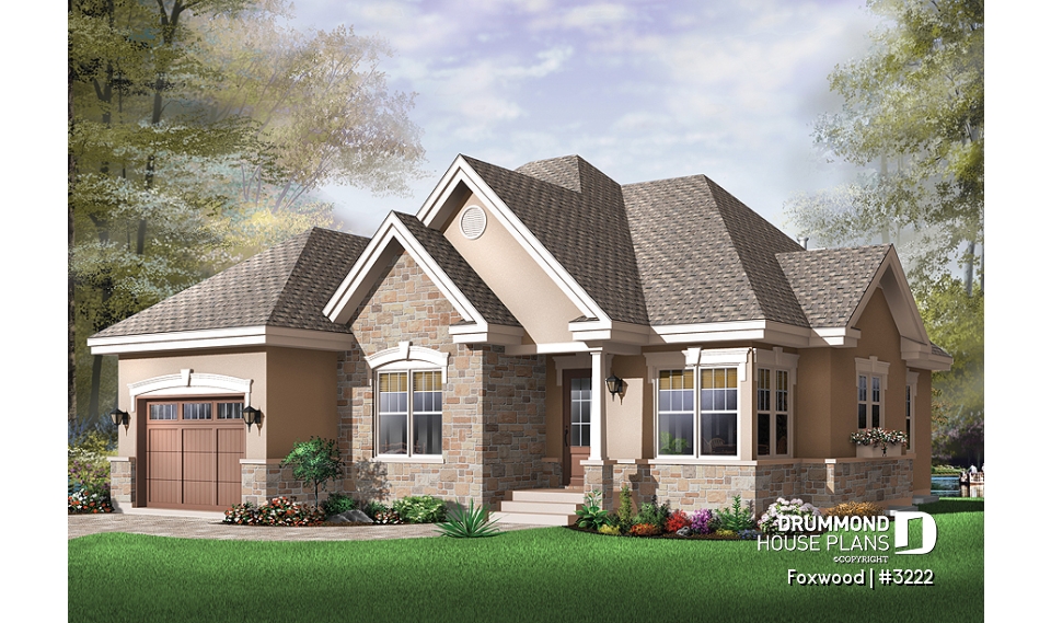 front - BASE MODEL - 2 bedroom bungalow house plan with garage and great fireplace in family room, breakfast nook - Foxwood