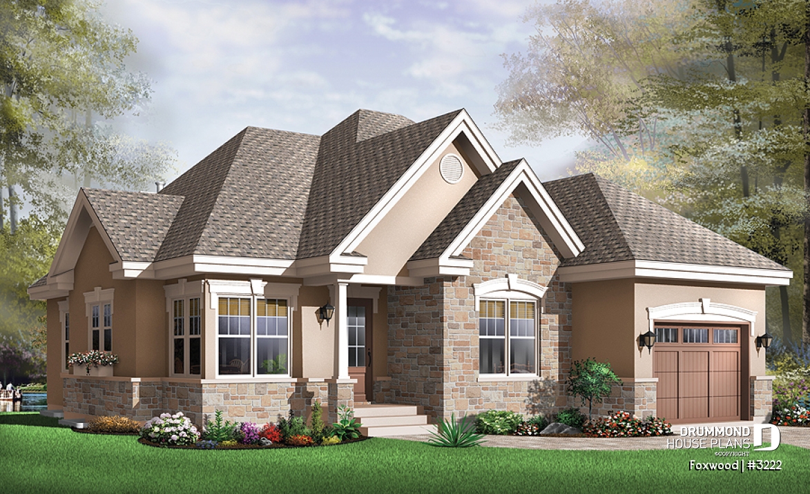 front - BASE MODEL - 2 bedroom bungalow house plan with garage and great fireplace in family room, breakfast nook - Foxwood