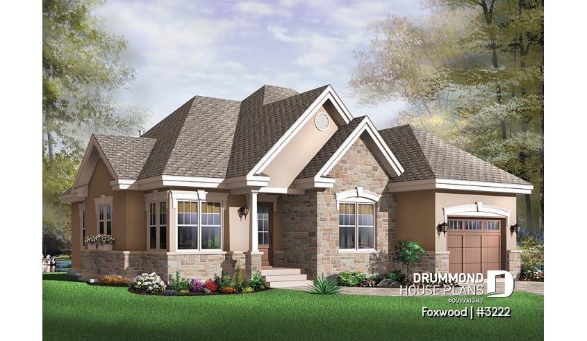 front - BASE MODEL - 2 bedroom bungalow house plan with garage and great fireplace in family room, breakfast nook - Foxwood