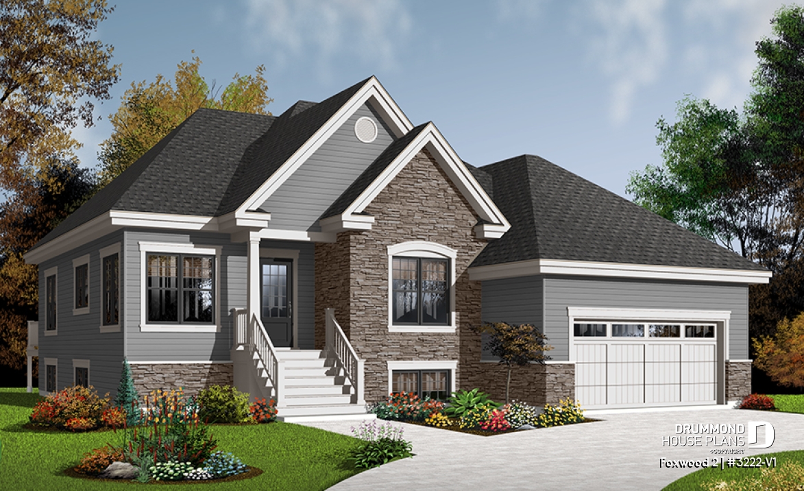 front - BASE MODEL - Affordable Modern Craftsman Bungalow, kitchen with breakfast area, large family room with fireplace  - Foxwood 2