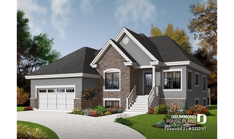 front - BASE MODEL - Affordable Modern Craftsman Bungalow, kitchen with breakfast area, large family room with fireplace  - Foxwood 2