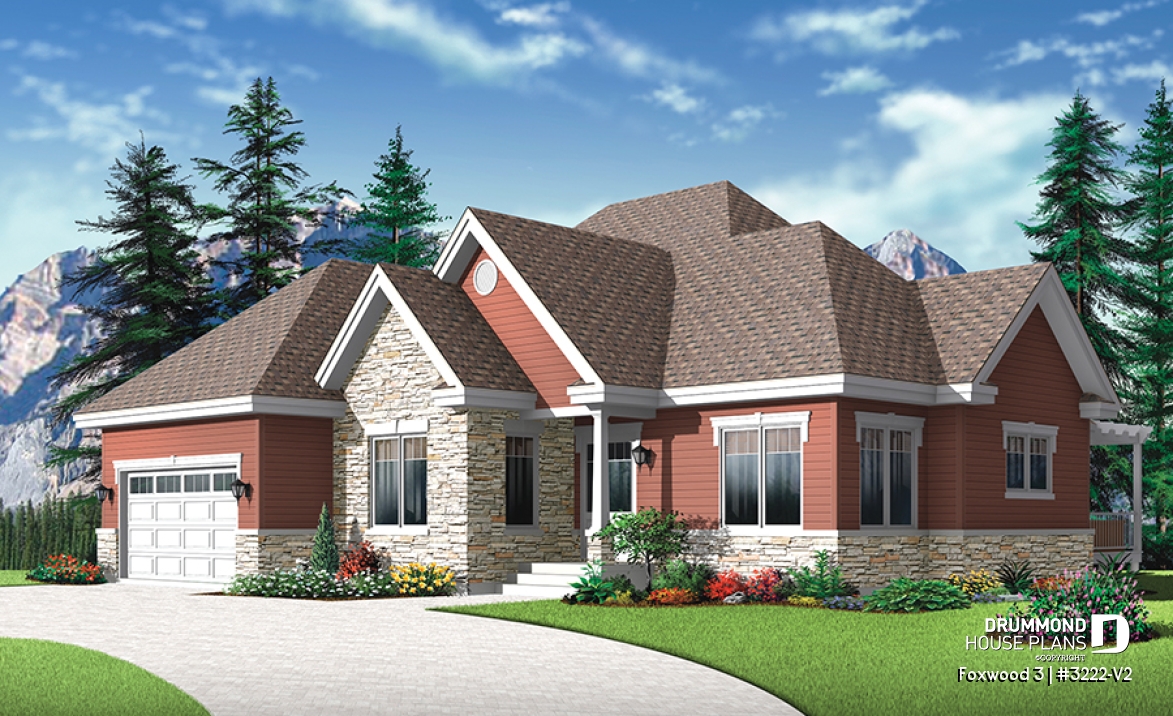 front - BASE MODEL - Luxurious Craftsman bungalow house plan, large master suite, large living room, den, fireplace and garage - Foxwood 3