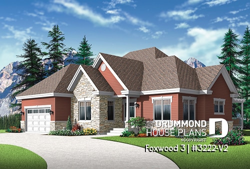front - BASE MODEL - Luxurious Craftsman bungalow house plan, large master suite, large living room, den, fireplace and garage - Foxwood 3