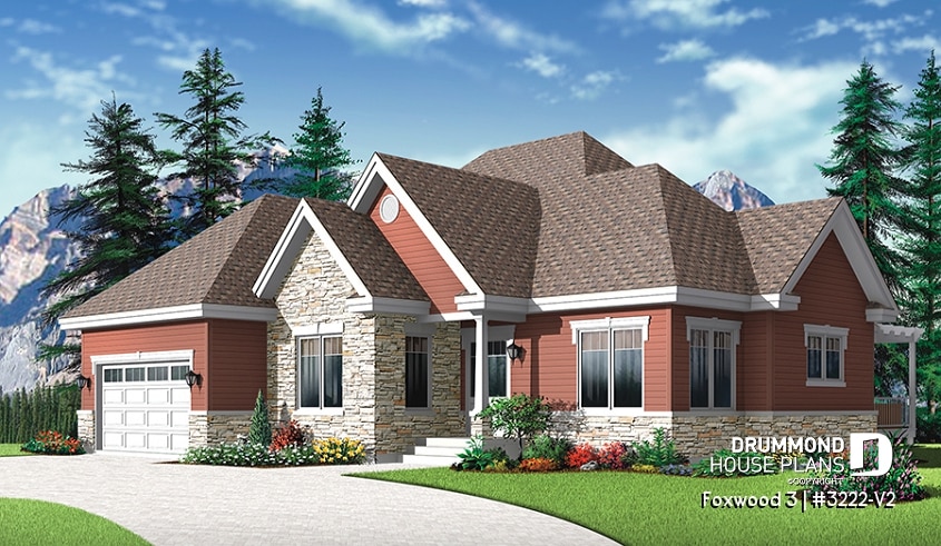 front - BASE MODEL - Luxurious Craftsman bungalow house plan, large master suite, large living room, den, fireplace and garage - Foxwood 3