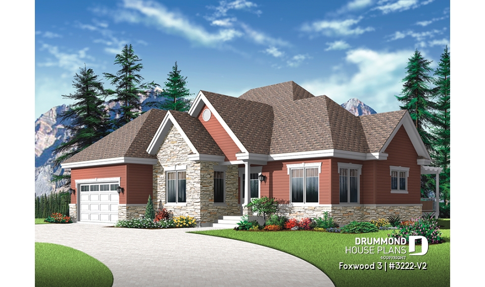 front - BASE MODEL - Luxurious Craftsman bungalow house plan, large master suite, large living room, den, fireplace and garage - Foxwood 3