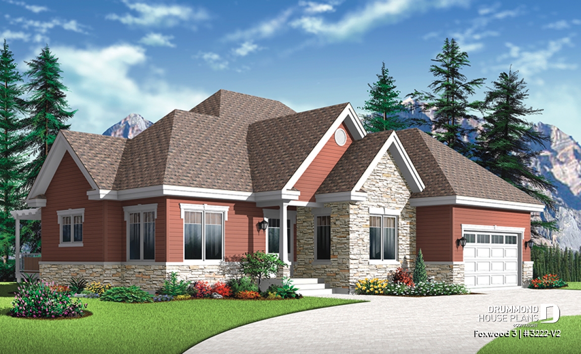 front - BASE MODEL - Luxurious Craftsman bungalow house plan, large master suite, large living room, den, fireplace and garage - Foxwood 3
