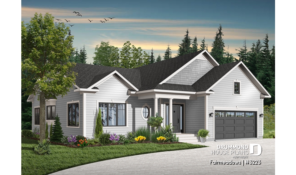 Color version 5 - Front - Ranch house plan with a 2-car garage, master suite, 3 bedrooms, 2 bathrooms, formal dining - Fairmeadows