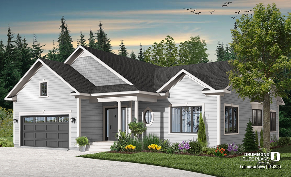 Color version 5 - Front - Ranch house plan with a 2-car garage, master suite, 3 bedrooms, 2 bathrooms, formal dining - Fairmeadows