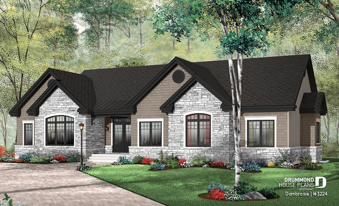Color version 3 - Front - Single level Rancher with double garage, 3 beds + den, open floor plan - Dambroise