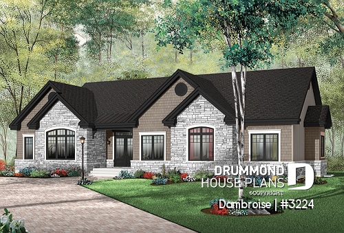 Color version 3 - Front - Comfortable 3 to 4 bedroom Ranch bungalow house plan, 9' ceiling, large kitchen island, covered rear balcony - Dambroise