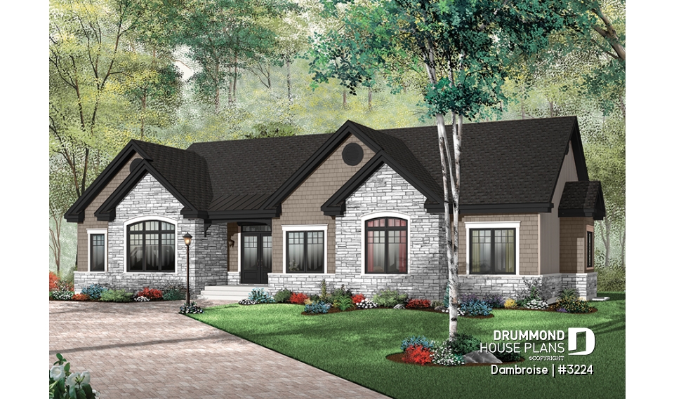 Color version 3 - Front - Single level Rancher with double garage, 3 beds + den, open floor plan - Dambroise