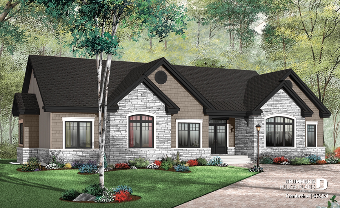 Color version 3 - Front - Single level Rancher with double garage, 3 beds + den, open floor plan - Dambroise