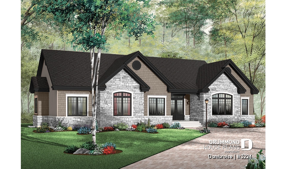 Color version 3 - Front - Single level Rancher with double garage, 3 beds + den, open floor plan - Dambroise