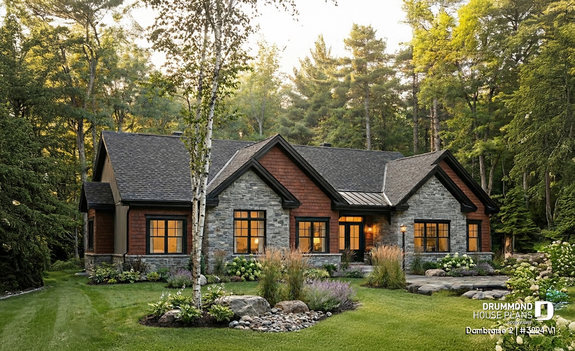 front - BASE MODEL - Bright Bungalow House Plan with Double Garage, Cathedral Ceiling and Up to 6 Bedrooms - Dambroise 2