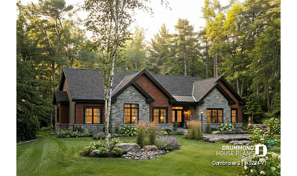 front - BASE MODEL - Bright Bungalow House Plan with Double Garage, Cathedral Ceiling and Up to 6 Bedrooms - Dambroise 2