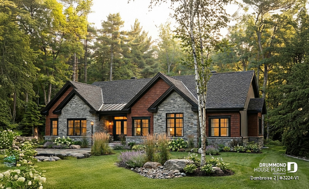front - BASE MODEL - Bright Bungalow House Plan with Double Garage, Cathedral Ceiling and Up to 6 Bedrooms - Dambroise 2