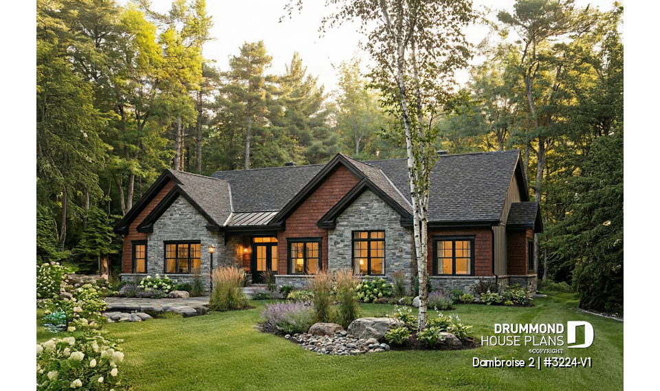 front - BASE MODEL - Bright Bungalow House Plan with Double Garage, Cathedral Ceiling and Up to 6 Bedrooms - Dambroise 2