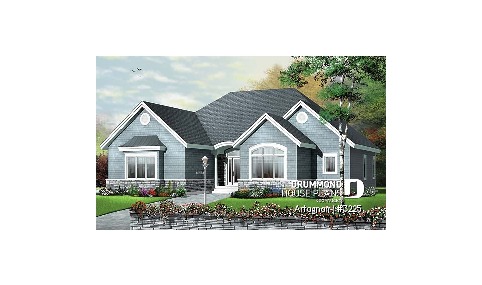 front - BASE MODEL - Affordable ranch house plan, 2-car garage, remarkable master suite, 3 bedrooms, 12' ceilings, amazing kitchen - Artagnan