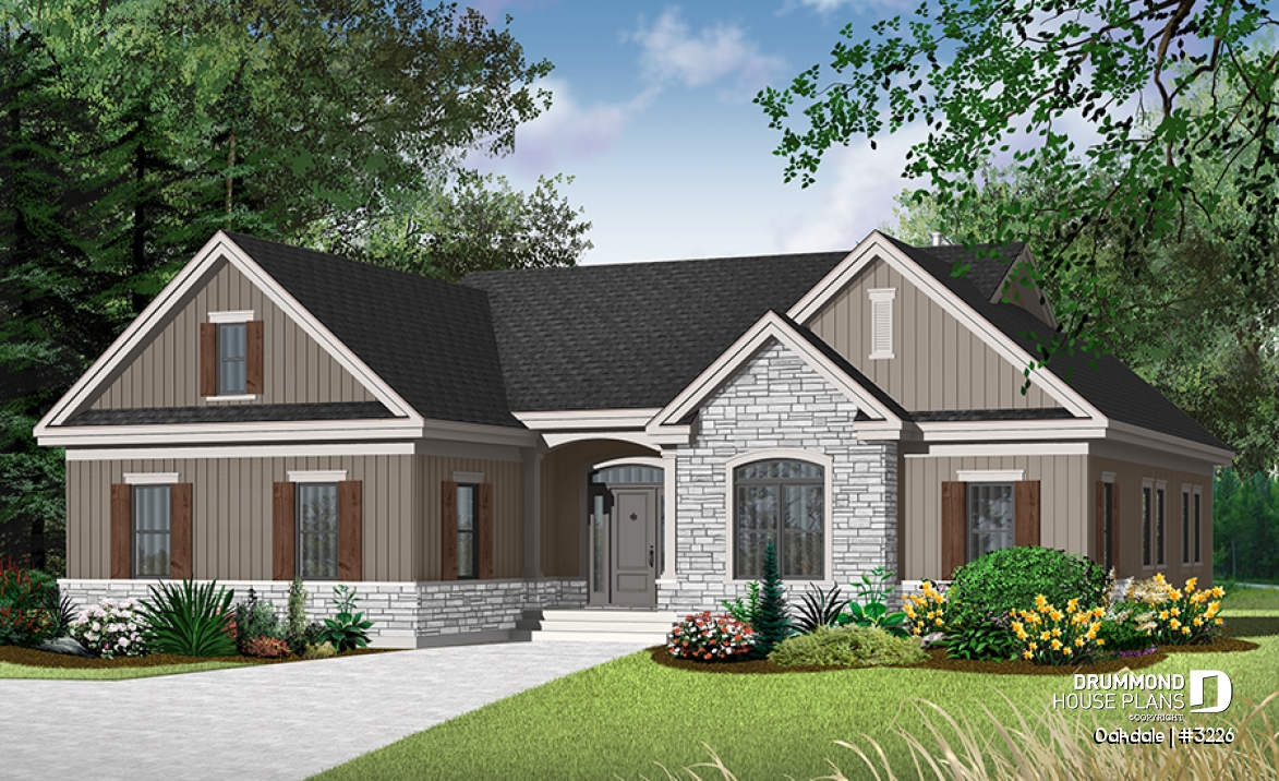 front - BASE MODEL - 3 bedroom Ranch house plan with two-car garage, master suite, total 3 bedrooms 2 baths, fireplace - Oakdale