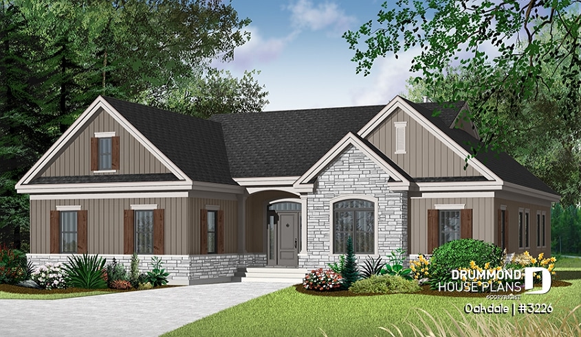 front - BASE MODEL - 3 bedroom Ranch house plan with two-car garage, master suite, total 3 bedrooms 2 baths, fireplace - Oakdale