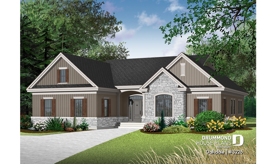front - BASE MODEL - 3 bedroom Ranch house plan with two-car garage, master suite, total 3 bedrooms 2 baths, fireplace - Oakdale