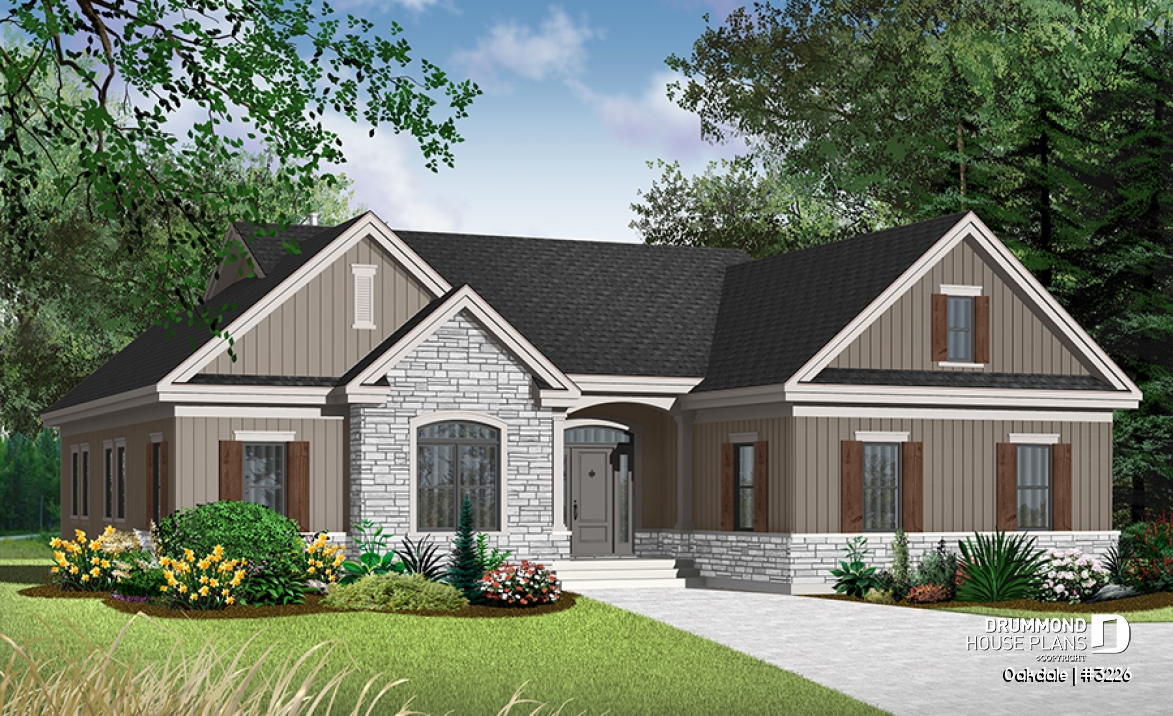 front - BASE MODEL - 3 bedroom Ranch house plan with two-car garage, master suite, total 3 bedrooms 2 baths, fireplace - Oakdale