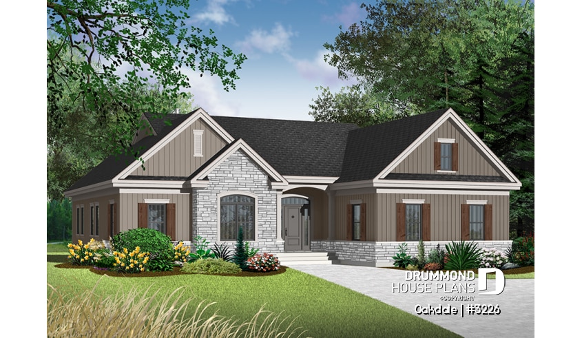 front - BASE MODEL - 3 bedroom Ranch house plan with two-car garage, master suite, total 3 bedrooms 2 baths, fireplace - Oakdale