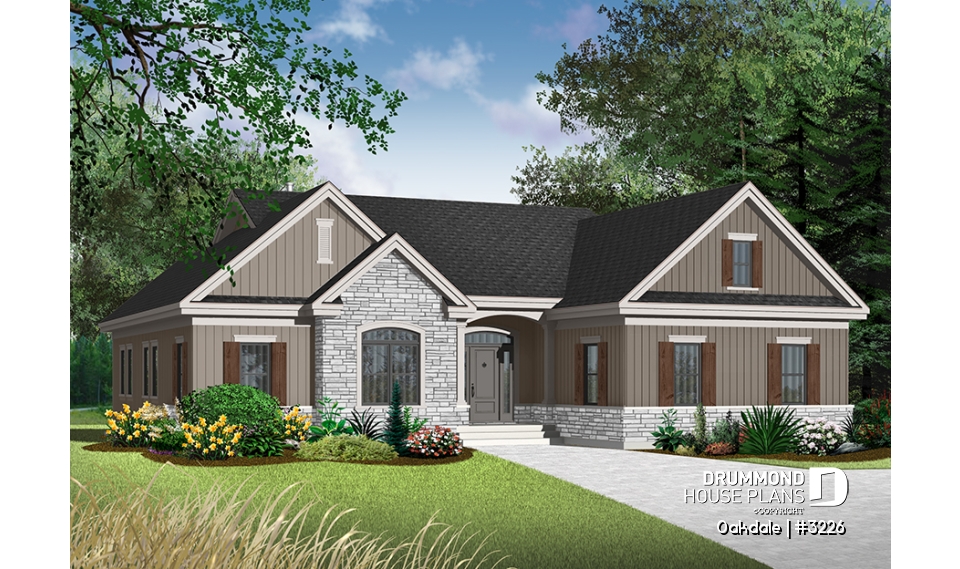 front - BASE MODEL - 3 bedroom Ranch house plan with two-car garage, master suite, total 3 bedrooms 2 baths, fireplace - Oakdale