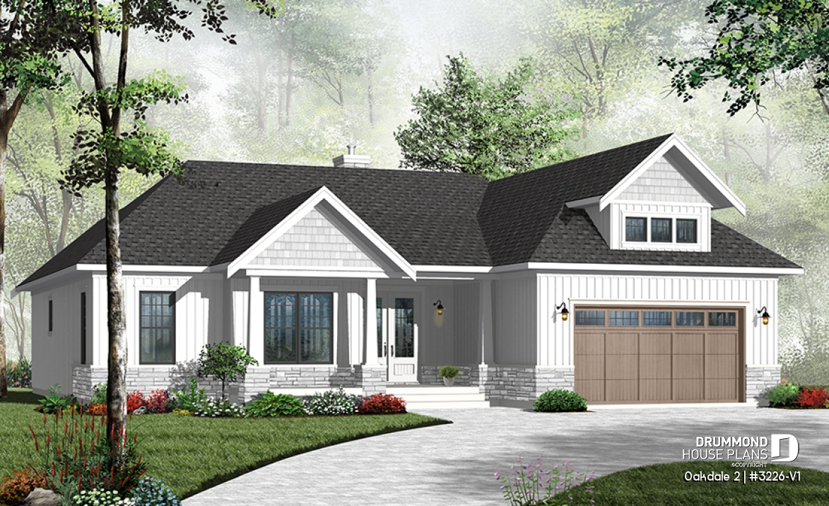 front - BASE MODEL - Beautiful Ranch style house plan with 2-car garage, 9' ceiling, master suite, 3 bedrooms, 2 bathrooms - Oakdale 2