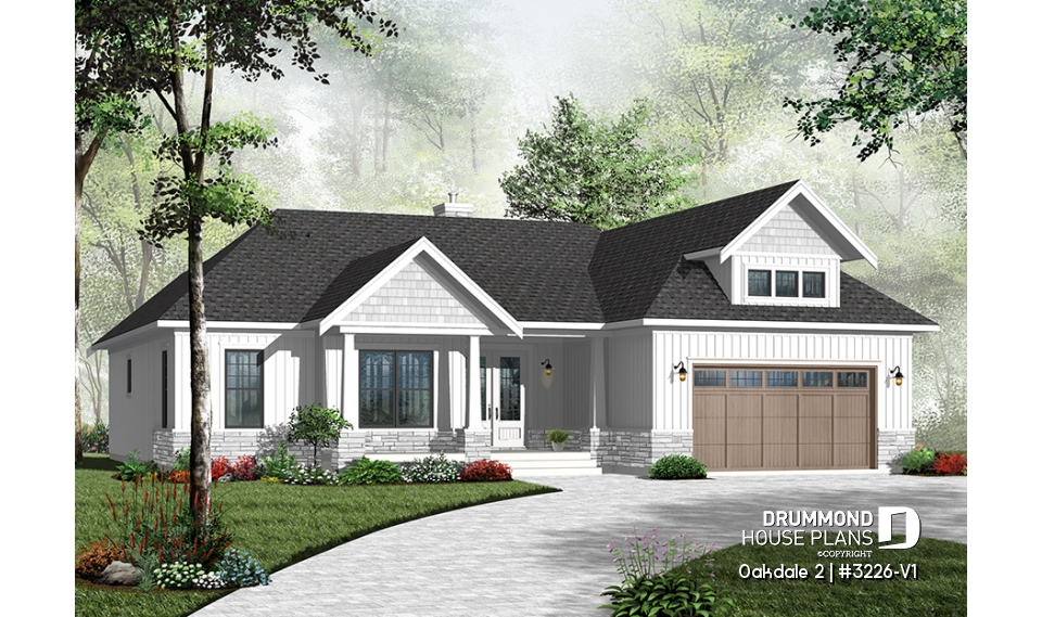 front - BASE MODEL - Beautiful Ranch style house plan with 2-car garage, 9' ceiling, master suite, 3 bedrooms, 2 bathrooms - Oakdale 2