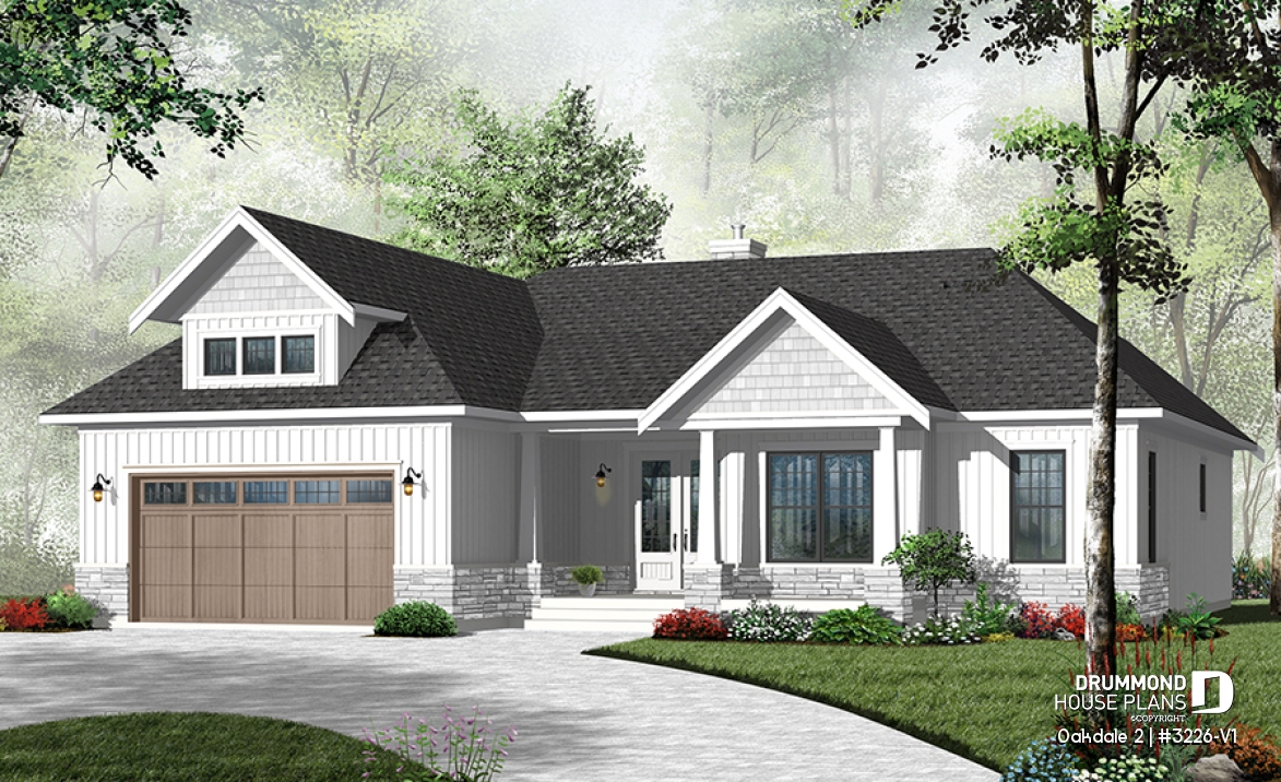 front - BASE MODEL - Beautiful Ranch style house plan with 2-car garage, 9' ceiling, master suite, 3 bedrooms, 2 bathrooms - Oakdale 2