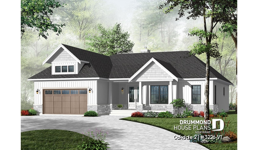 front - BASE MODEL - Beautiful Ranch style house plan with 2-car garage, 9' ceiling, master suite, 3 bedrooms, 2 bathrooms - Oakdale 2